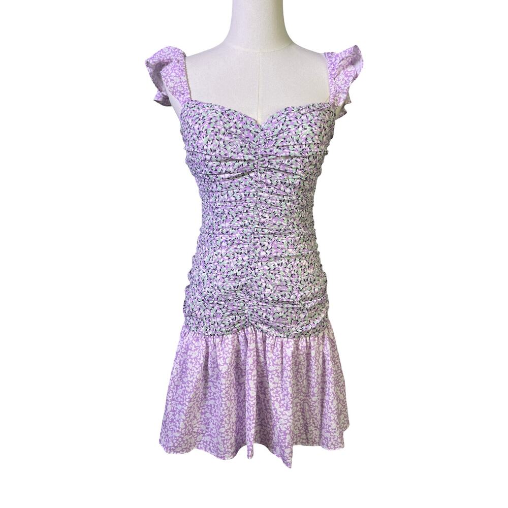 French Connection Lilac Floral Mini Dress Size 2 Smocked Ruffle Hem NWT - Picture 11 of 14
